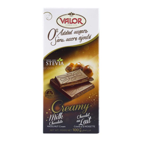 Valor 0% Added Sugar Creamy Milk Chocolate with Hazelnut Cream 100g Online Hot Sale